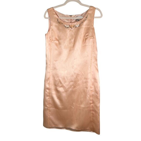 Retro Silk Sheath Floral Embroidery Midi Dress 6 Peach Chic Feminine Coquette - Picture 1 of 13